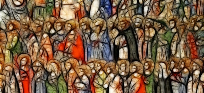 a colorful drawing of saints